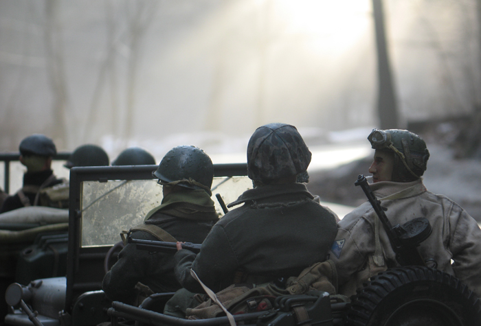 The protectors of Marwencol returning from a patrol and reentering town